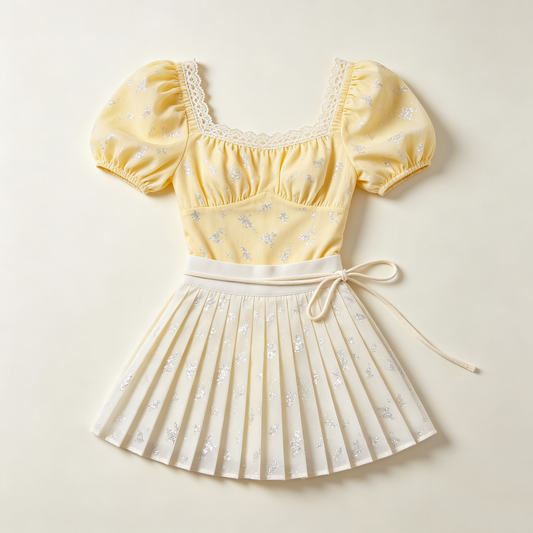 Yellow Glitter Puff Sleeve Pleated Skirt Set
