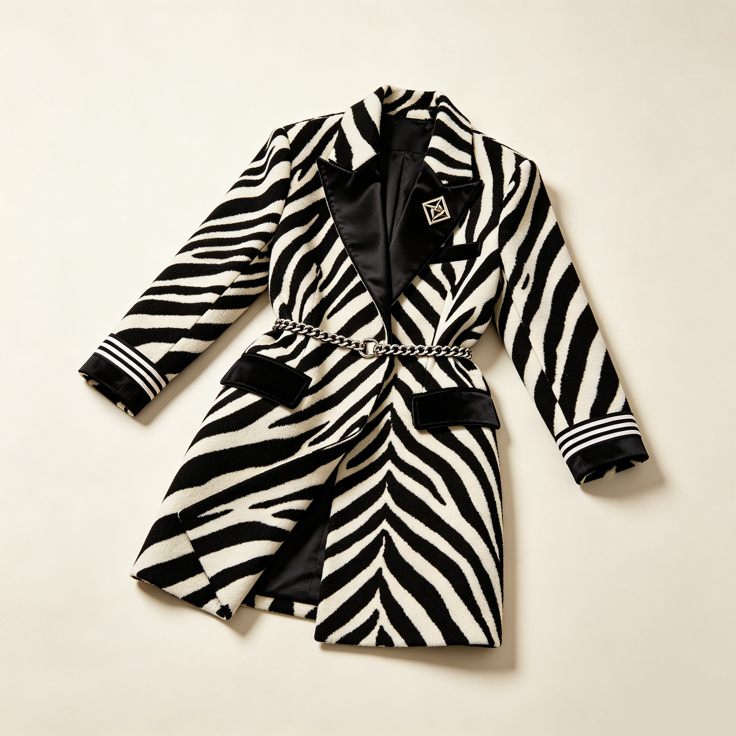 Zebra Print Chain Belt Wool Blazer Coat