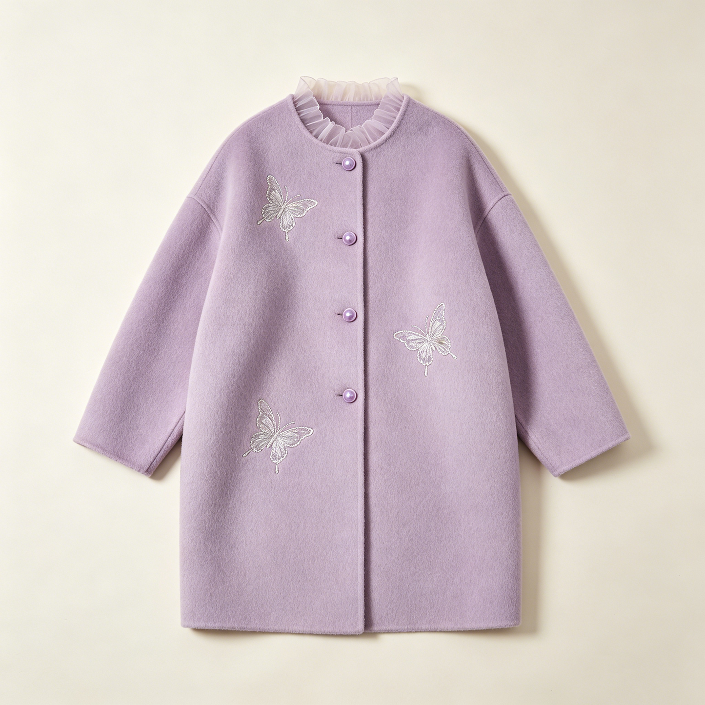 Lavender Butterfly Embroidery Round Neck Wool Coat