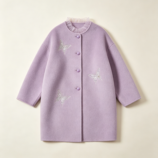 Lavender Butterfly Embroidery Round Neck Wool Coat