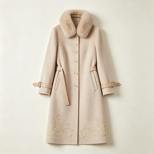 Cream Fox Fur Collar Embroidered Wool Long Coat