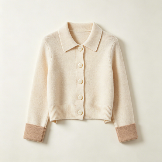 Cream Collared Color Cuff Knit Cardigan