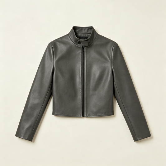 Grey Stand Collar Zip Faux Leather Crop Jacket