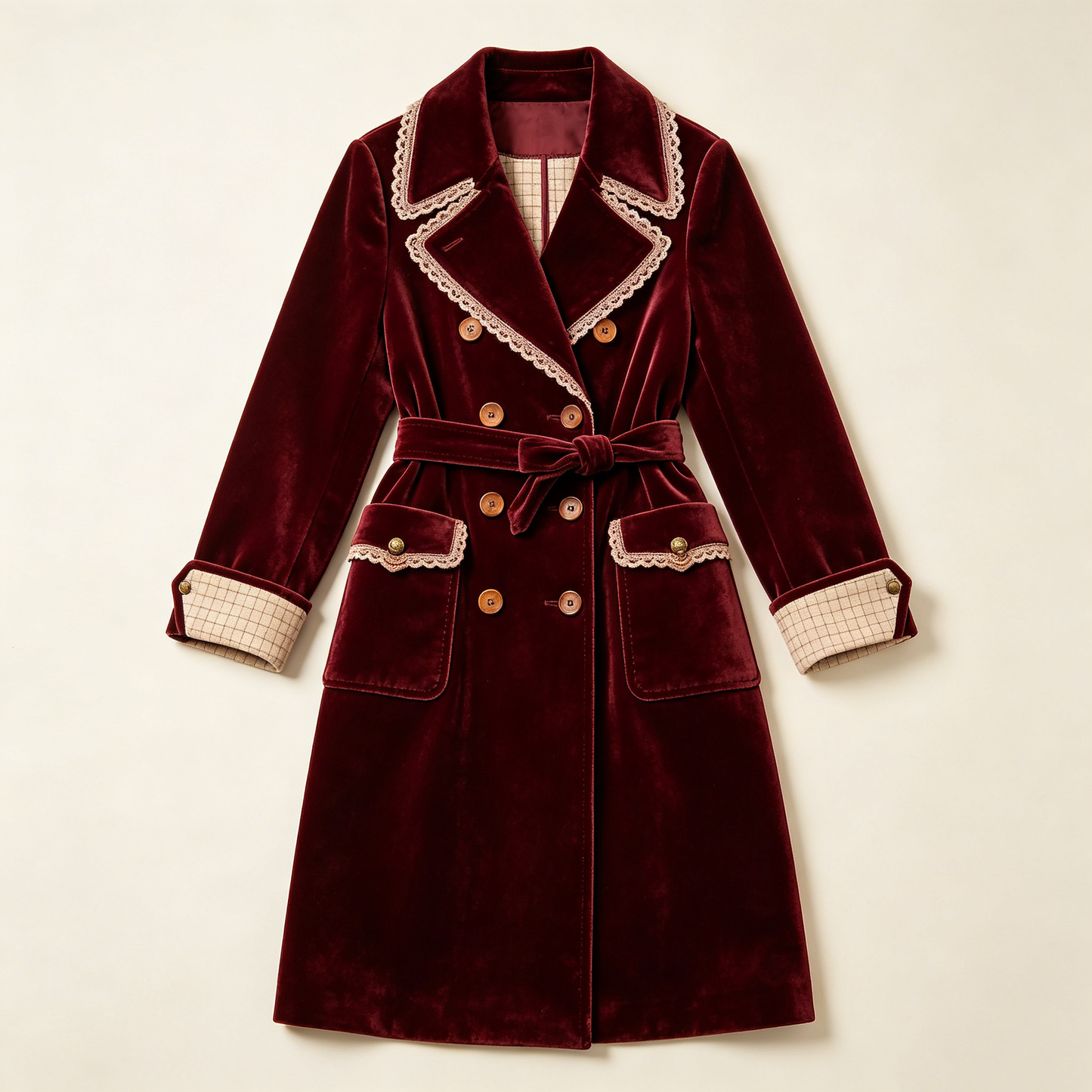 Burgundy Lace Trim Velvet Belted Trench Coat