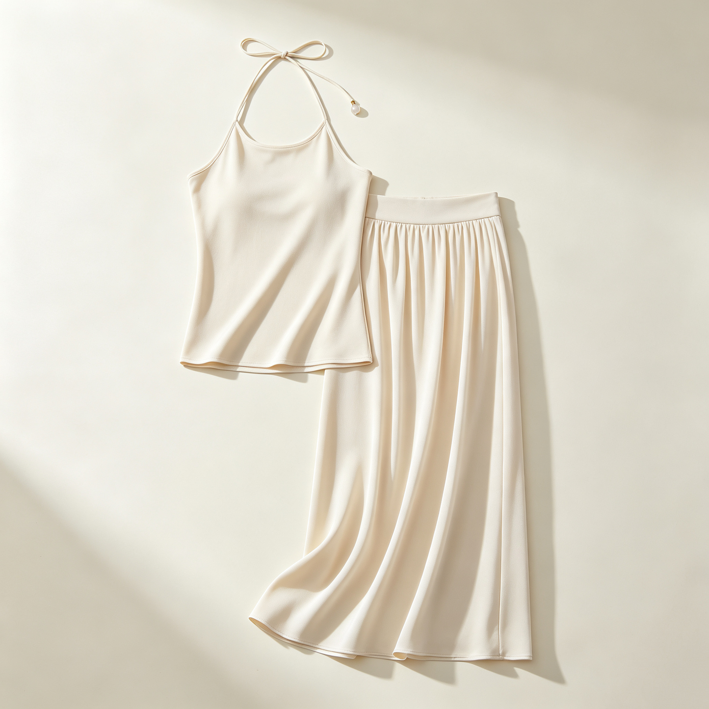 Cream Halter Satin Wide Leg Skirt Set