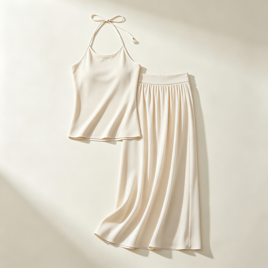 Cream Halter Satin Wide Leg Skirt Set