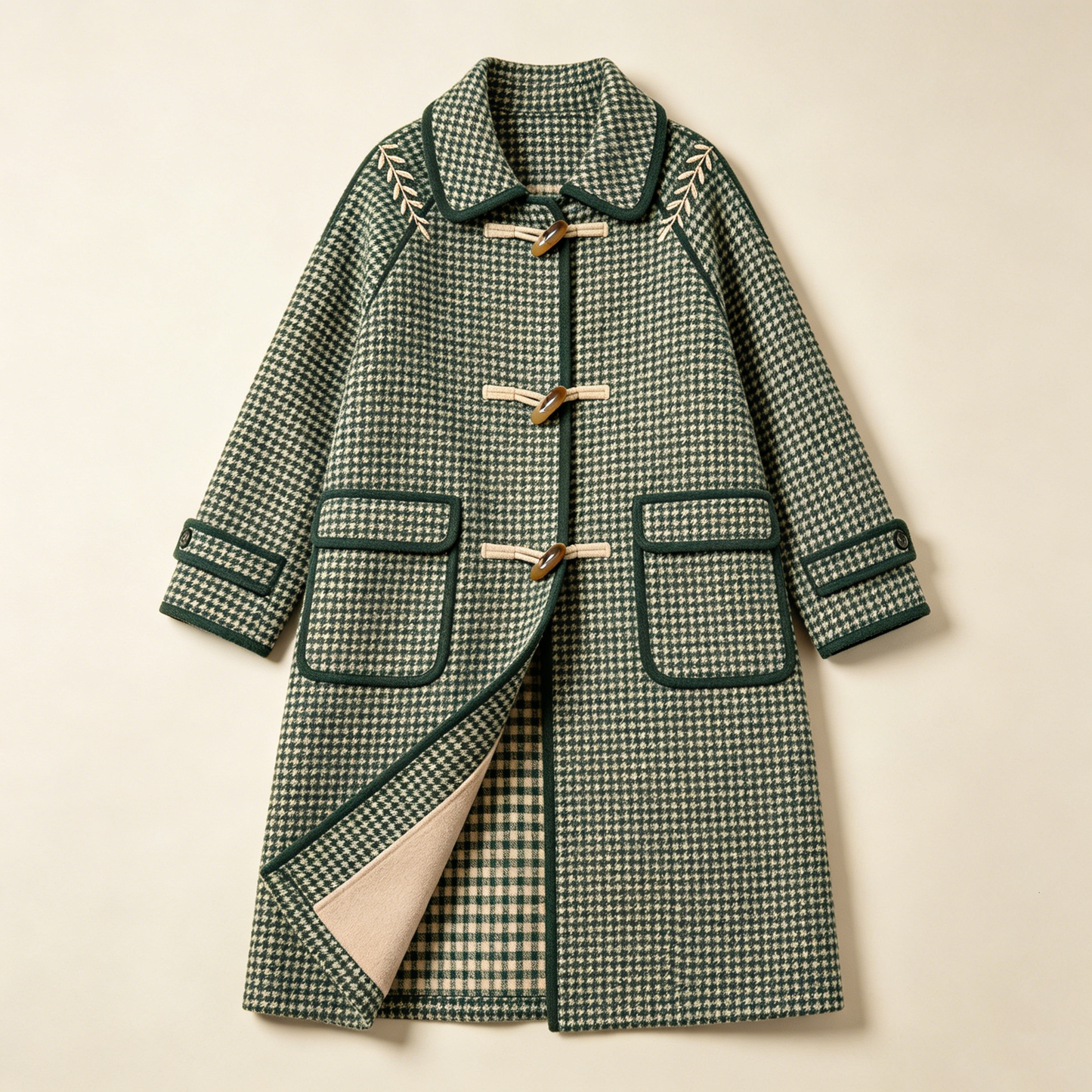 Green Houndstooth Frog Button Wool Coat