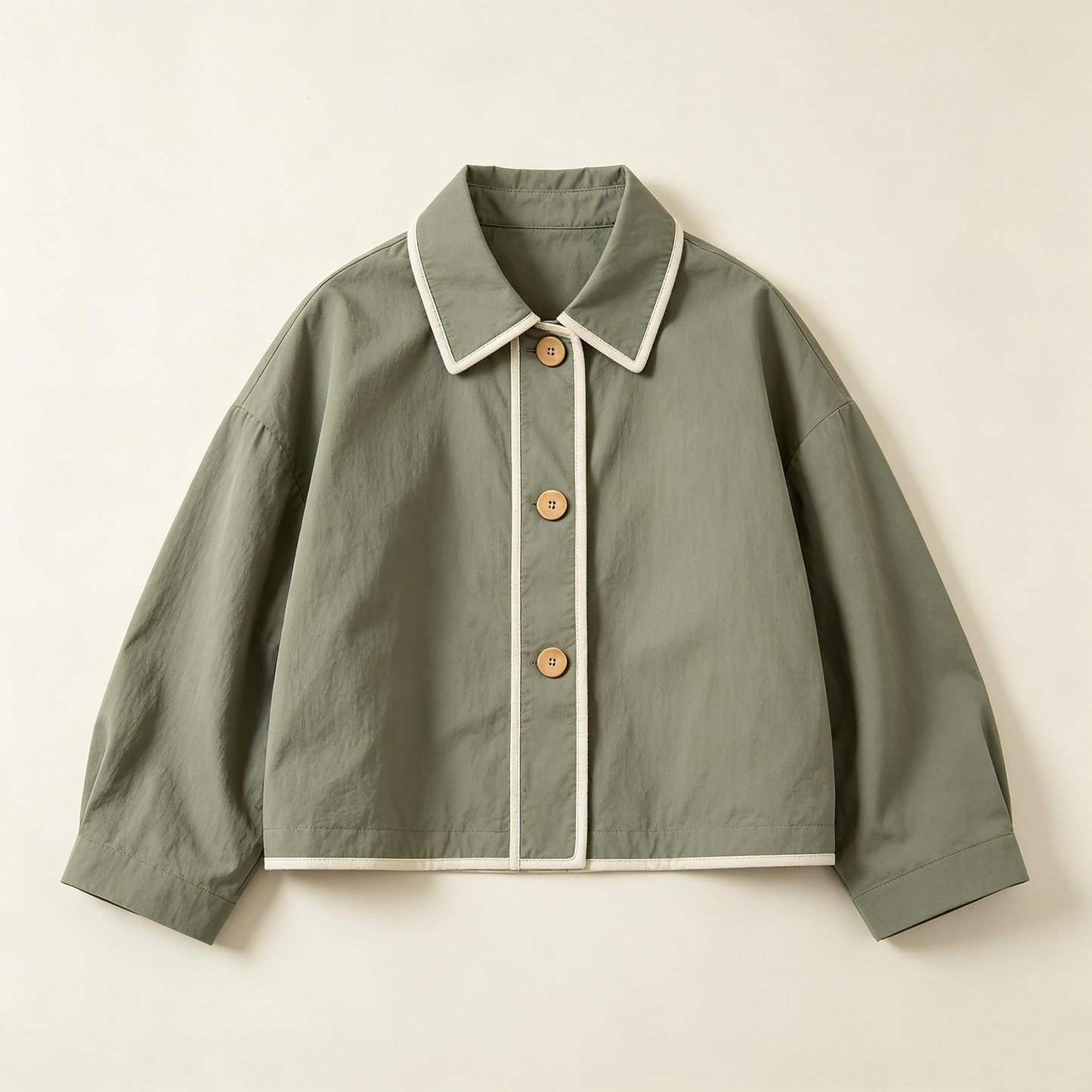 Sage Green Piping Trim Cotton Crop Jacket