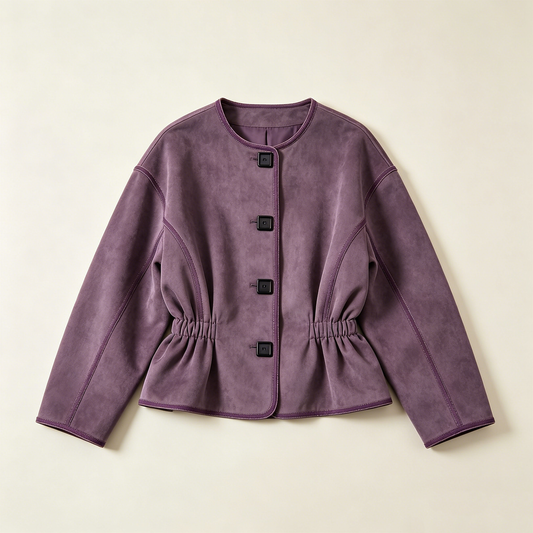 Purple Gathered Waist Faux Suede Short Coat