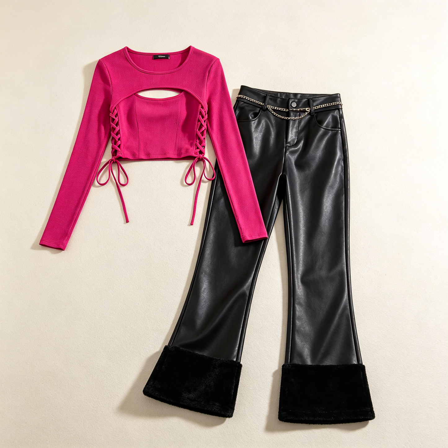 Fuchsia Cutout Lace-Up Leather Flare Pant Set