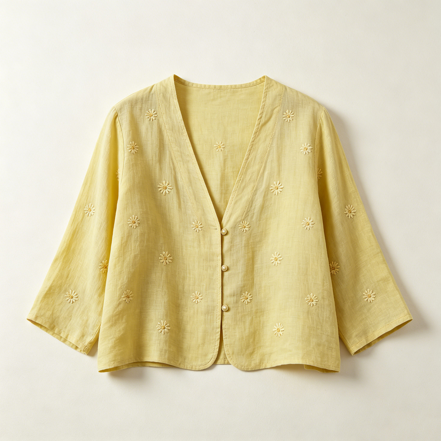 Pale Yellow Daisy Embroidery Linen Cardigan