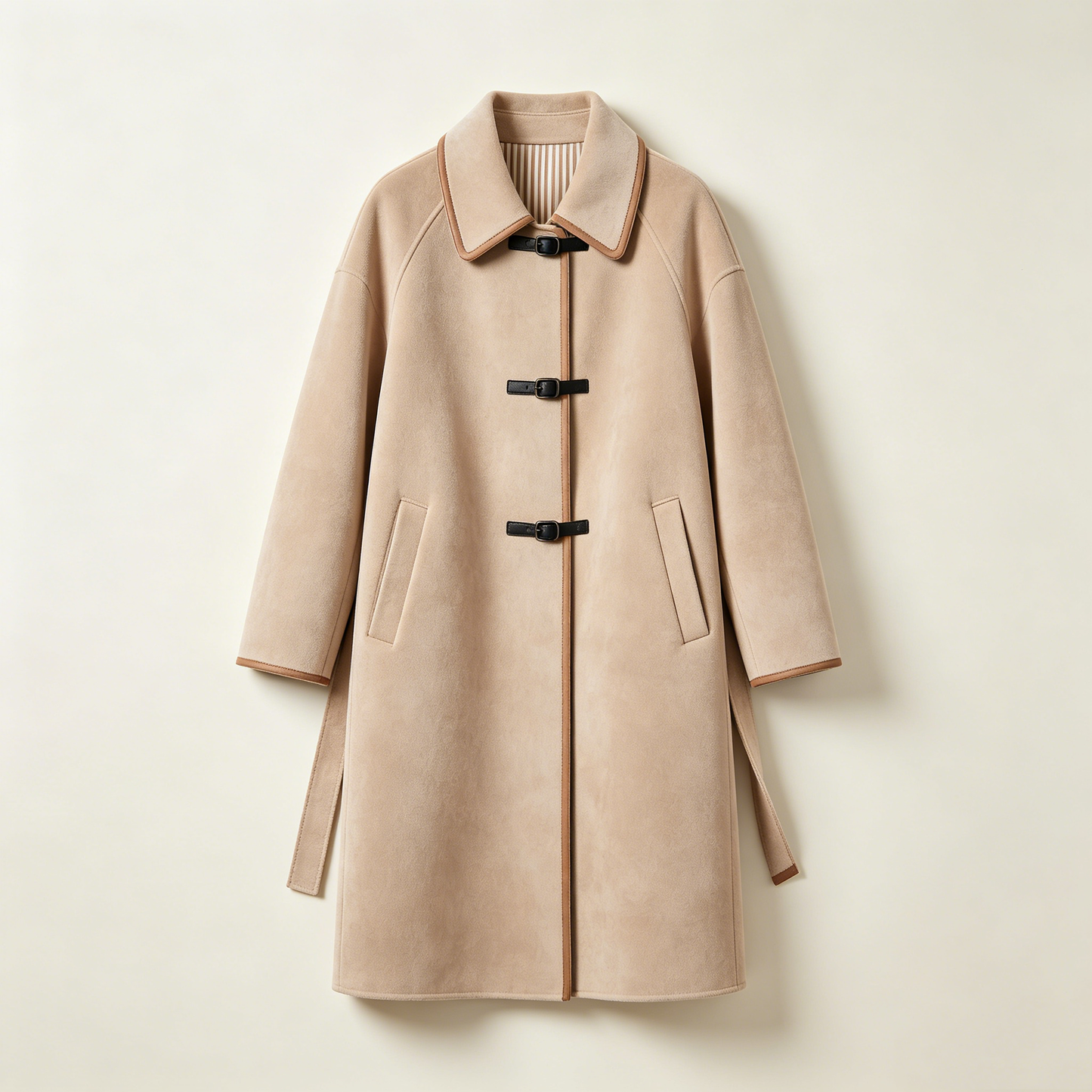 Beige Suede Buckle Belted Long Coat