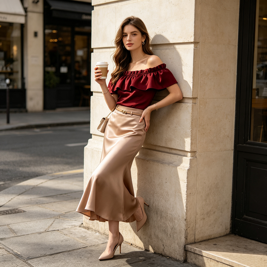 Burgundy Satin Off-Shoulder Midi Skirt Set