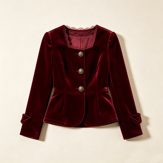 Burgundy Velvet Lace Trim Short Jacket