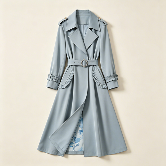 Light Blue Ruffle Cuff Belted Trench Coat