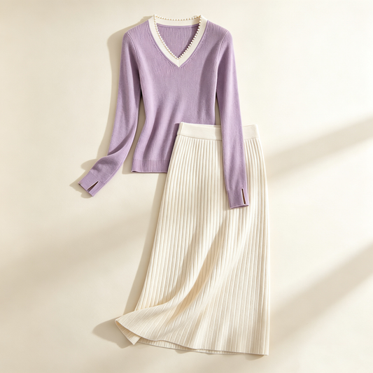 Lilac V-Neck Knit Midi Skirt Set