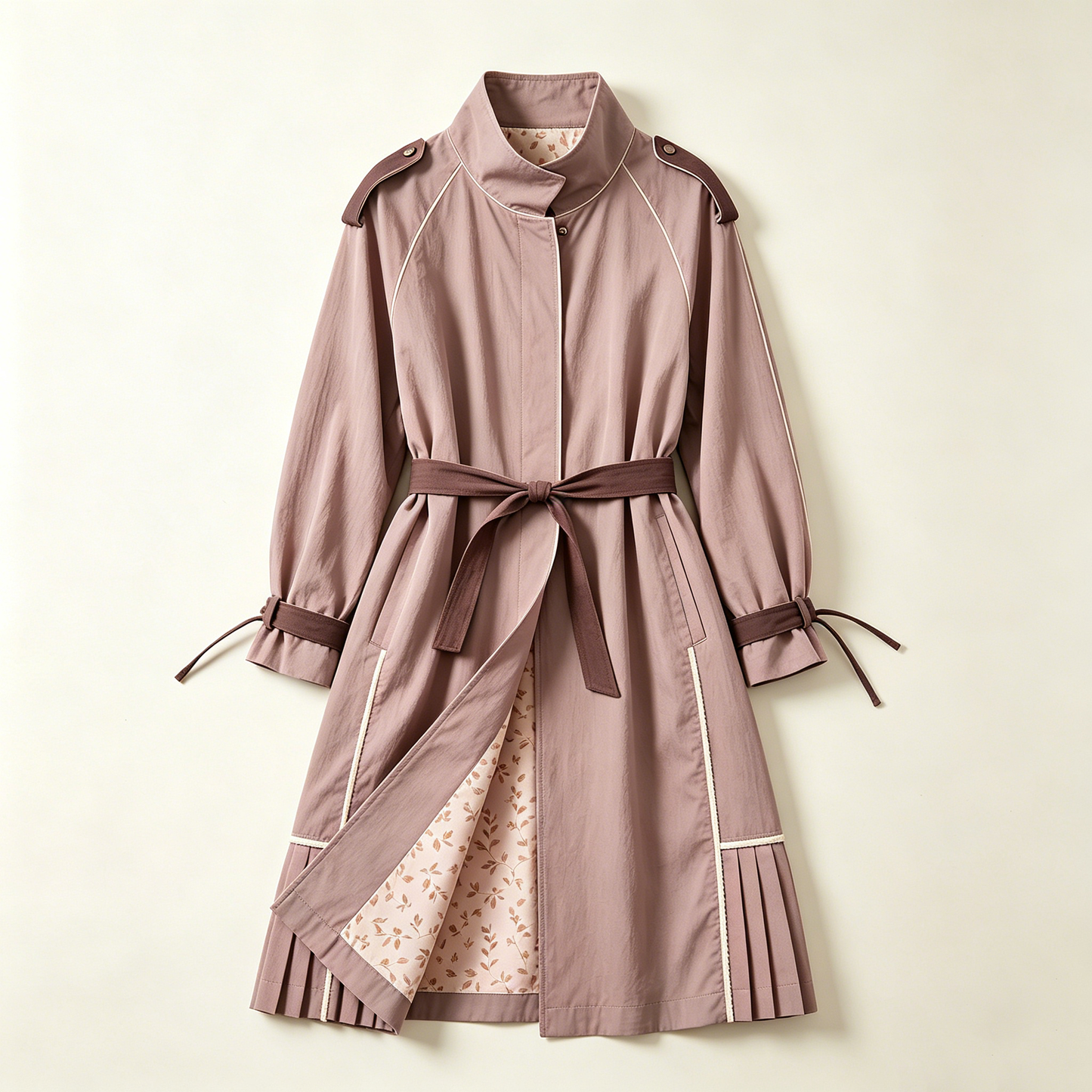 Dusty Pink Pleated Hem Belted Windbreaker