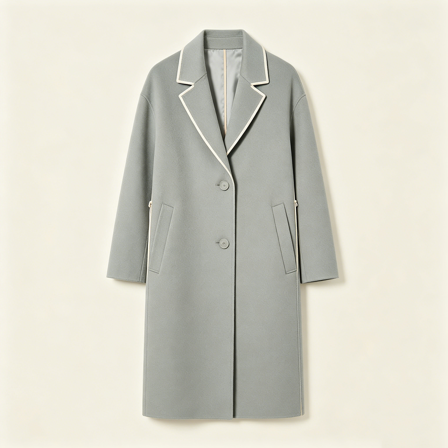 Light Grey Piping Trim Lapel Wool Long Coat