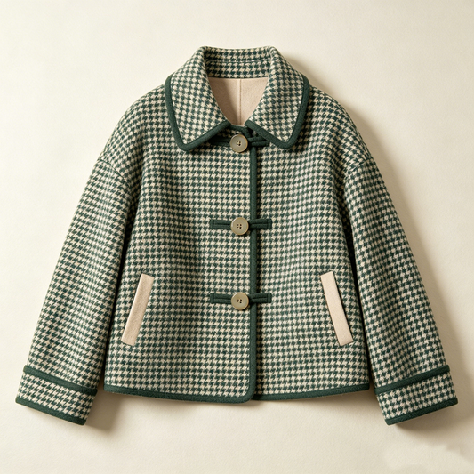 Green Houndstooth Wool Blend Short Coat