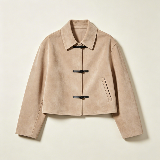 Beige Suede Frog Button Cropped Jacket
