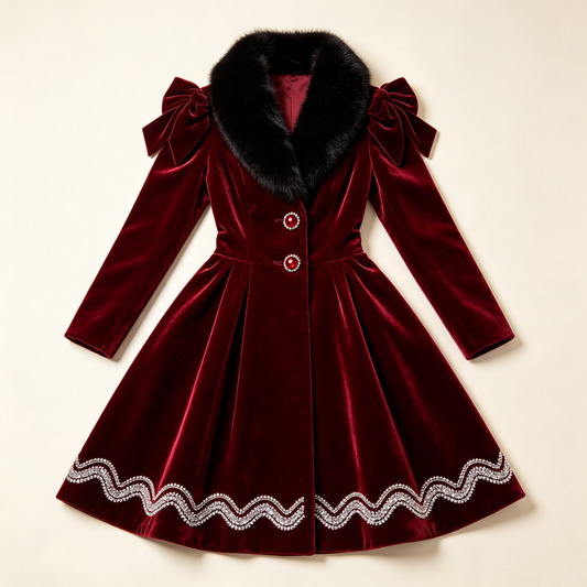 Burgundy Fur Collar Bow Velvet Dress Coat