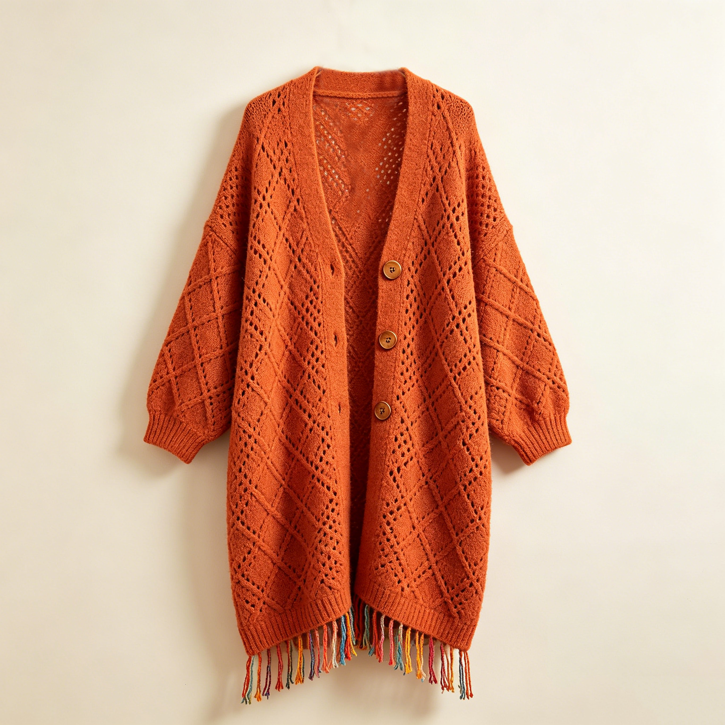Orange Hollow Knit Fringe Long Cardigan