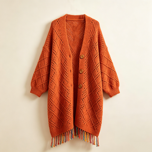 Orange Hollow Knit Fringe Long Cardigan