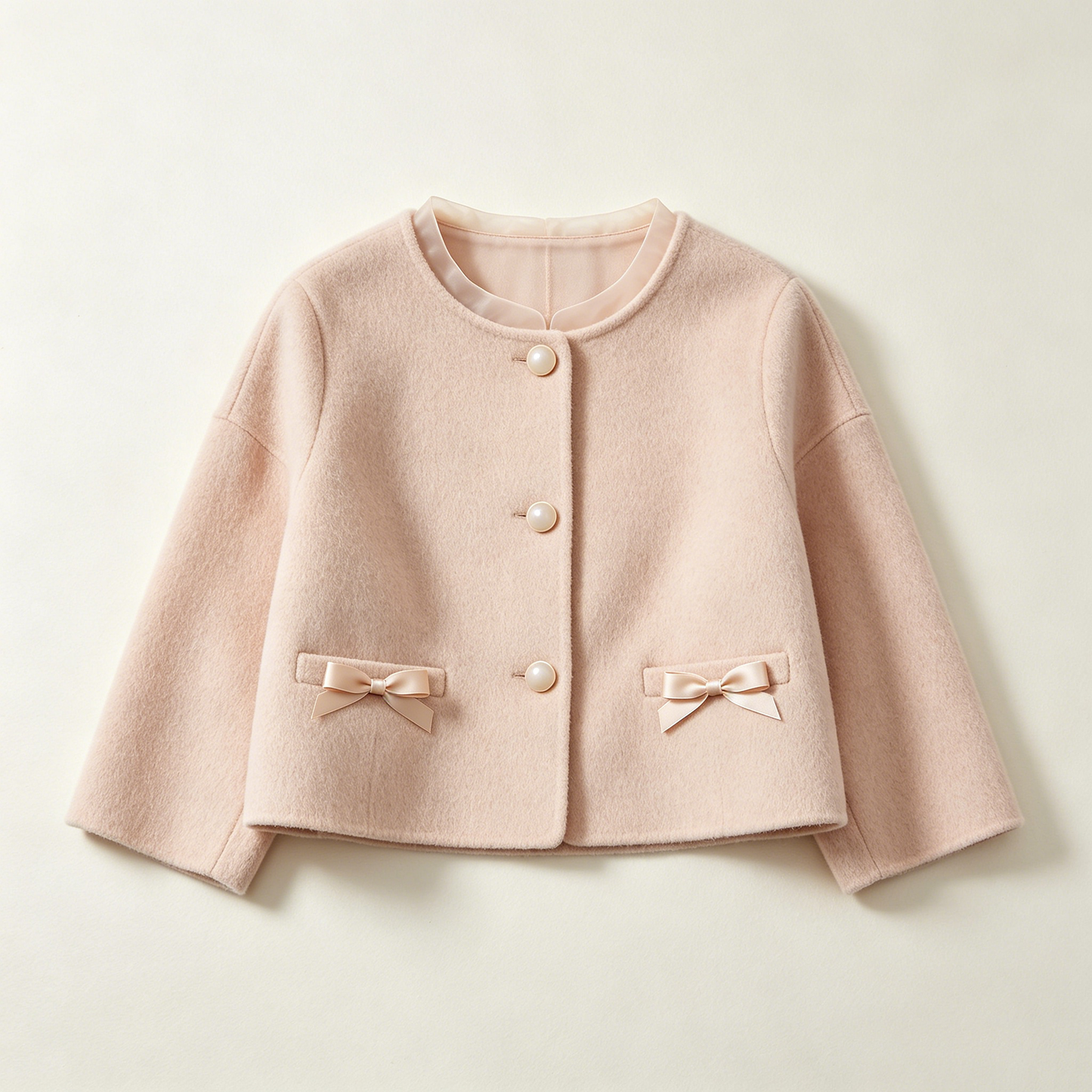 Pink Pearl Bow Wool Short Coat