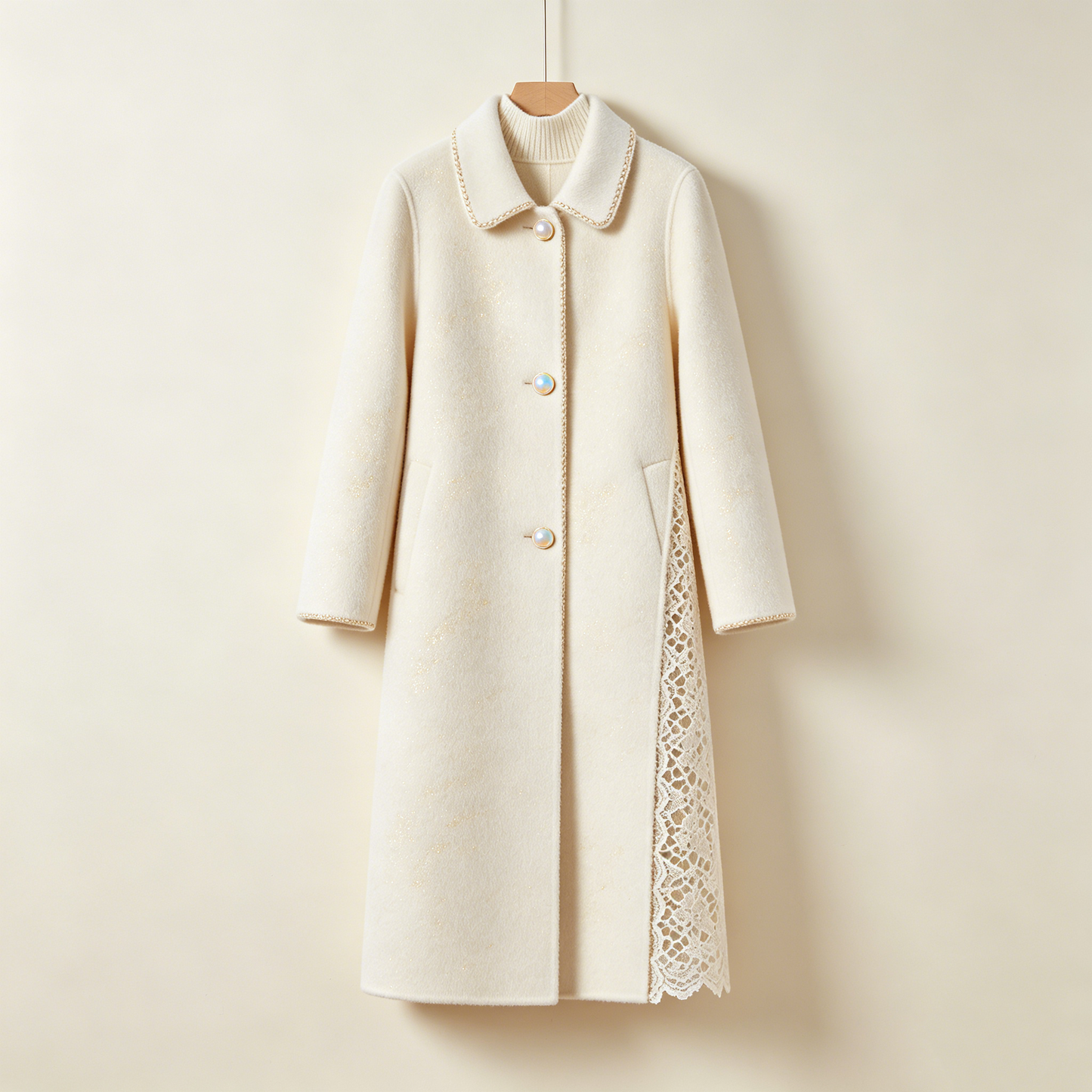 Cream Glitter Lace Panel Wool Long Coat