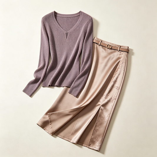 Lilac Knit Satin Skirt Set