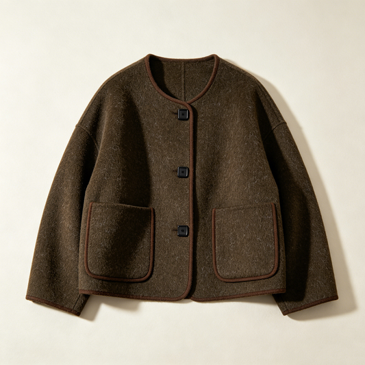 Brown Contrast Trim Wool Short Coat