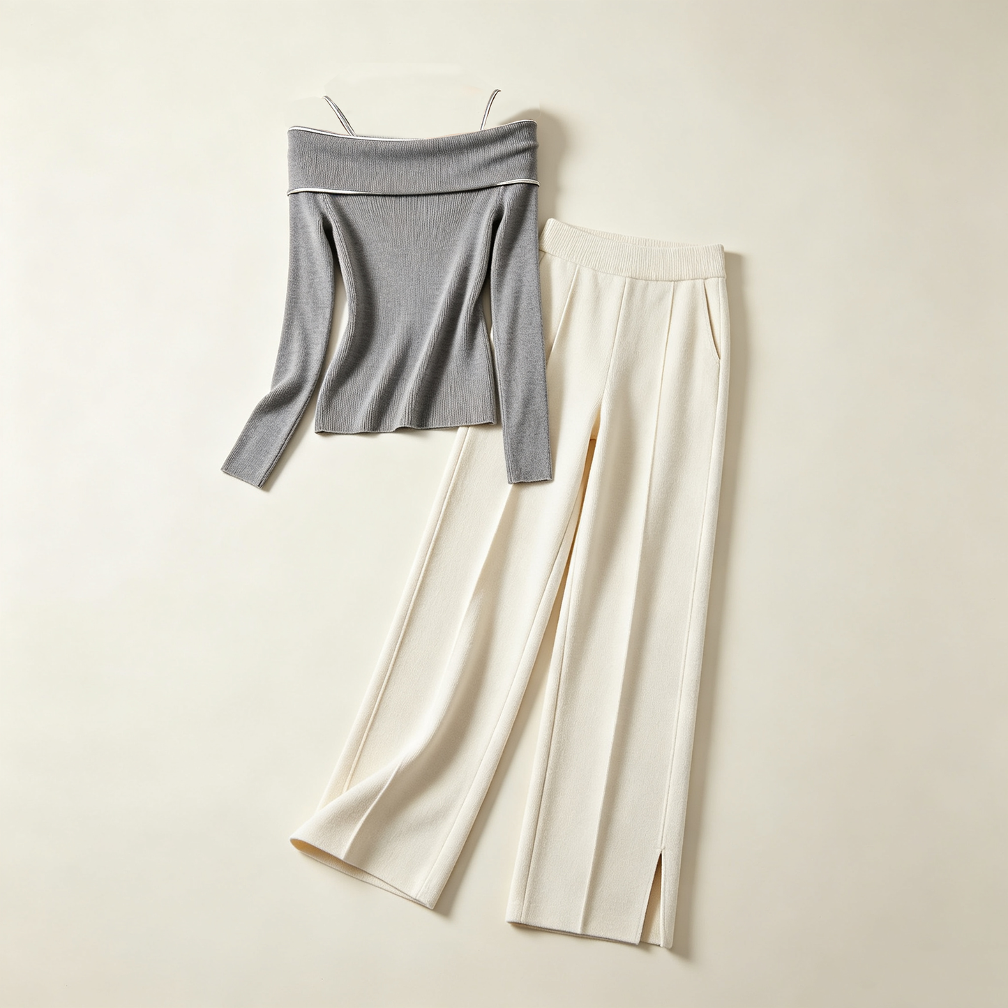 Grey Off-Shoulder Knit Pant Set