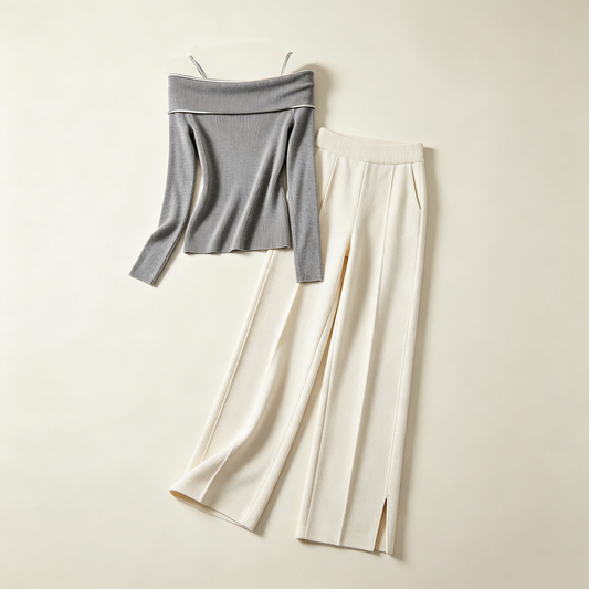 Grey Off-Shoulder Knit Pant Set