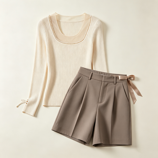 Pearl Collar Knit Short Set