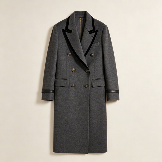 Dark Grey Velvet Trim Double Breasted Wool Coat