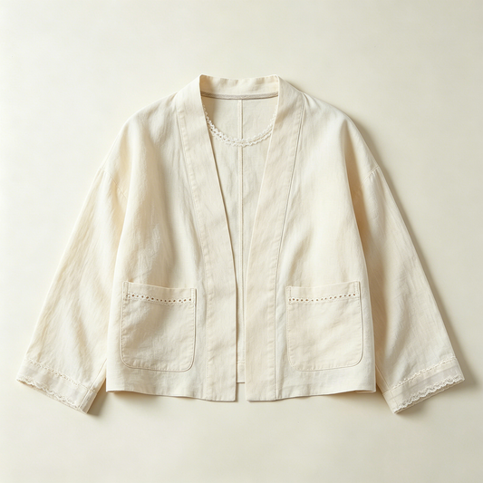 Cream Lace Linen Blend Open Jacket