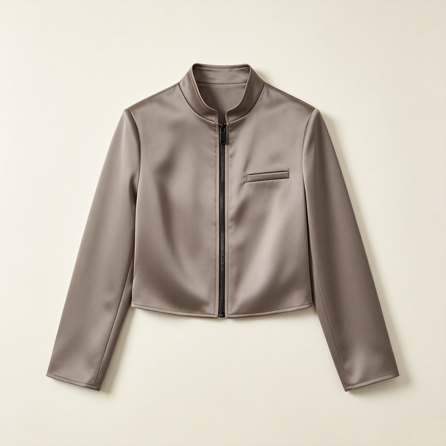 Taupe Stand Collar Satin Zip Crop Jacket