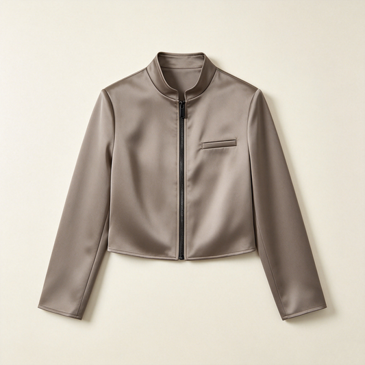 Taupe Stand Collar Satin Zip Crop Jacket