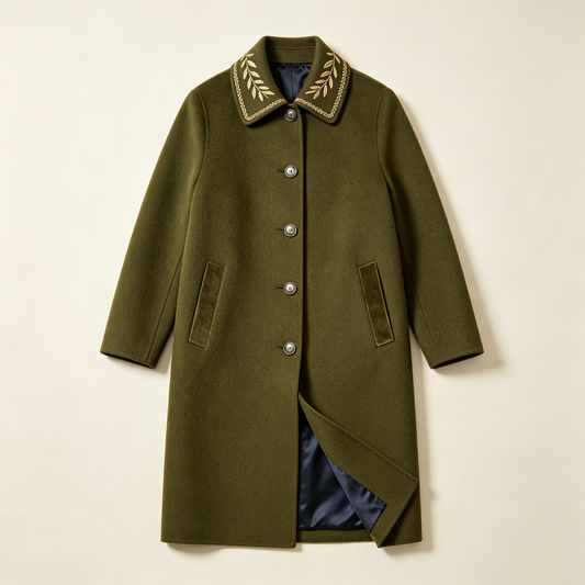 Army Green Leaf Embroidery Collar Wool Coat